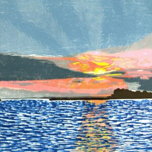 Product Image for  “Mackinac Sunset” woodcut by Ben Bohnsack SKU OR008