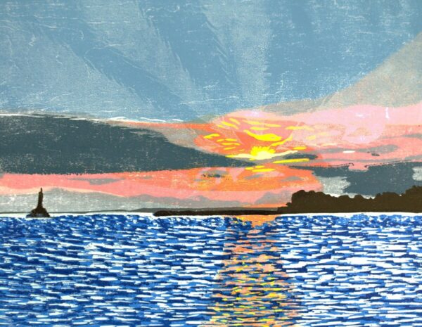 Product Image for  “Mackinac Sunset” woodcut by Ben Bohnsack SKU OR008