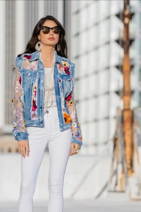 Product Image for  Denim Lace Jacket with Floral Embroidery