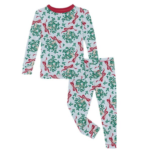 Product Image for  Print Long Sleeve Pajama Set in Illusion Blue Mistletoe & Ribbons