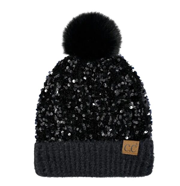 Product Image for  C.C. Women’s Sequin Cuff Pom-Pom Beanie Hat- 4 Colors available